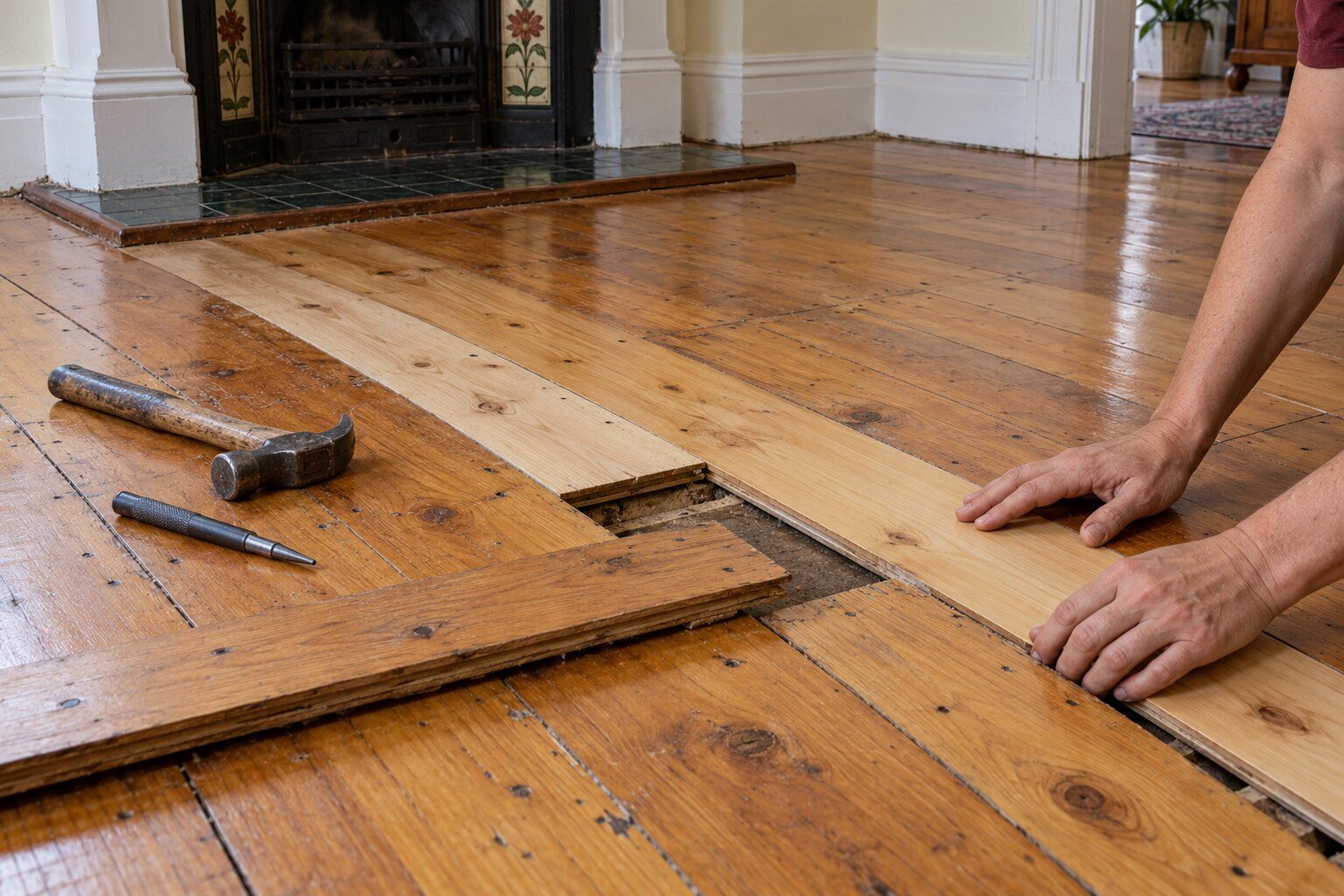 Baltic pine floorboards, Adelaide: a lighter replacement board fitted into an old honey-coloured floor beside a tiled hearth
