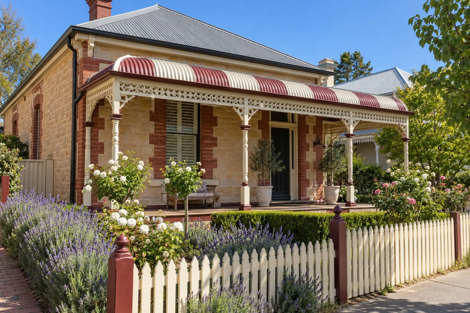 Bullnose verandah, Adelaide: a restored sandstone villa with a curved striped verandah roof, timber posts and fretwork