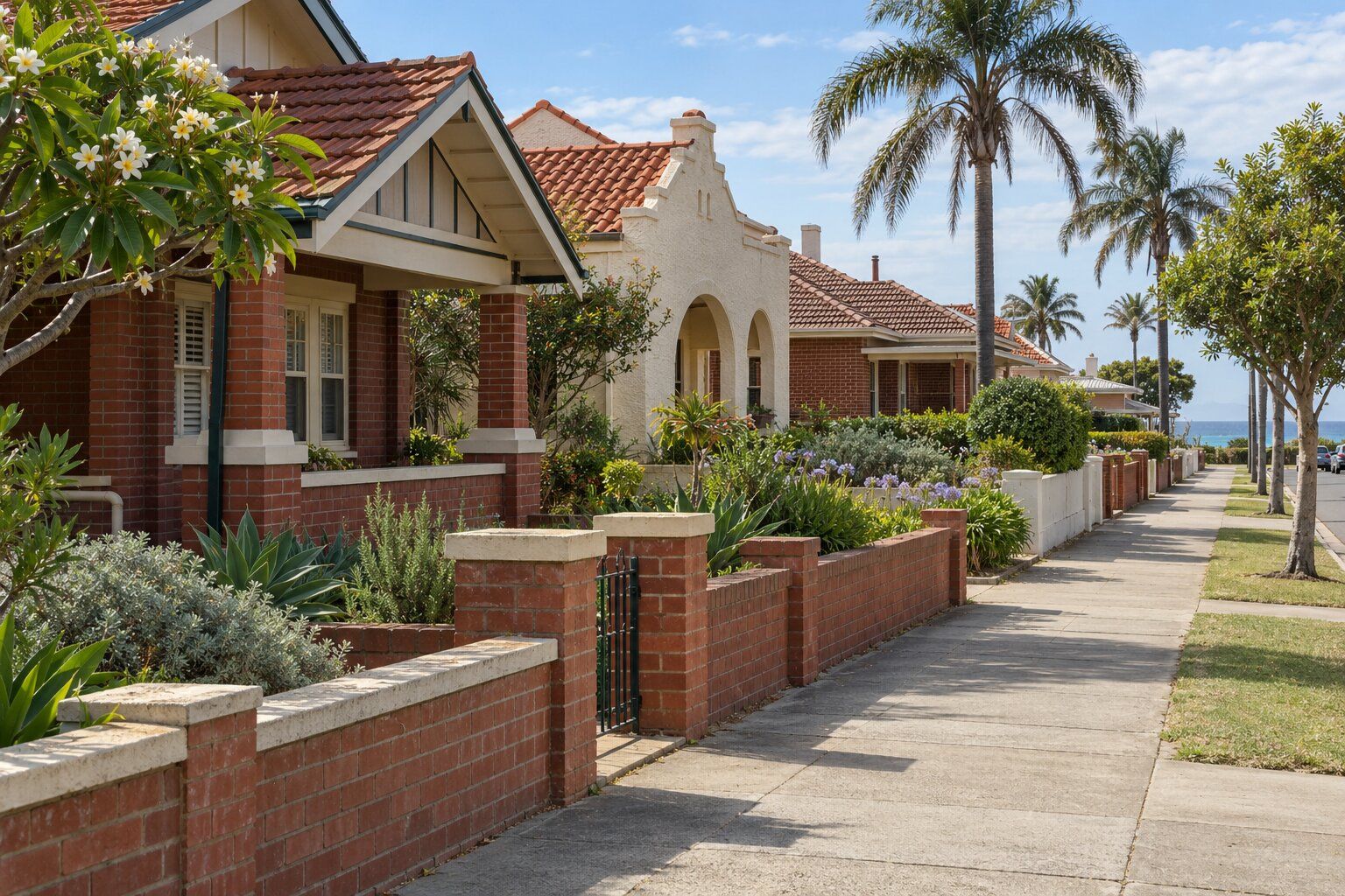 Carpenter, Glenelg and Marion Adelaide: red-brick and rendered bungalows behind low brick fences near palms and the sea