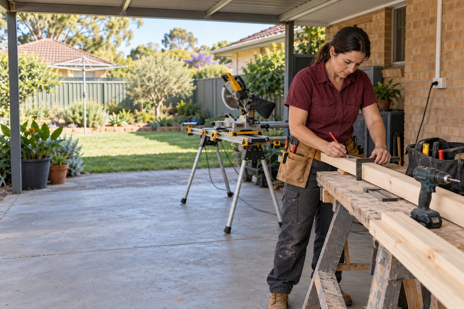Carpenter rates, Adelaide: carpenter marking a cut on a length of pine at a workbench under a carport, mitre saw behind