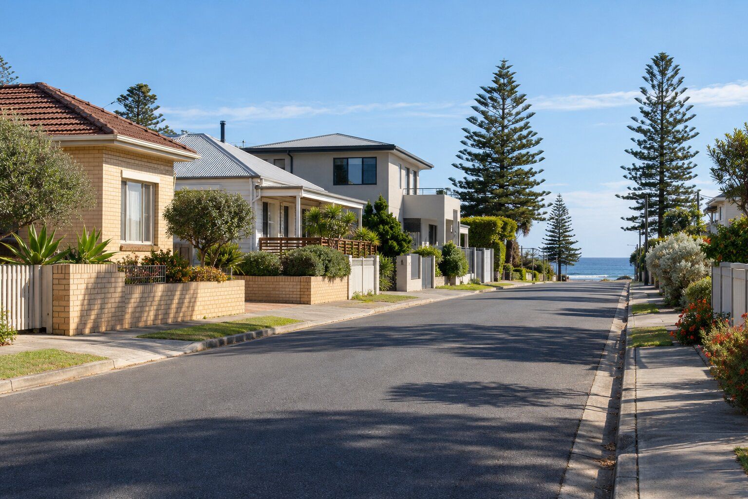 Carpenter, western suburbs Adelaide: cream-brick bungalow, rendered homes and Norfolk pines on a street ending at the sea