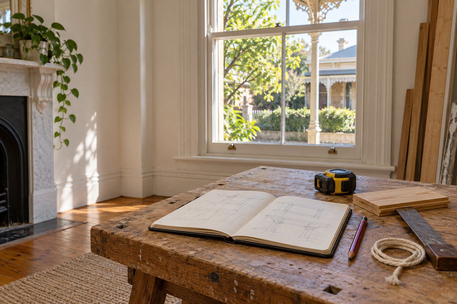 Carpentry guides, Adelaide: a notebook, tape measure, square and a Baltic pine offcut on a bench in a villa room