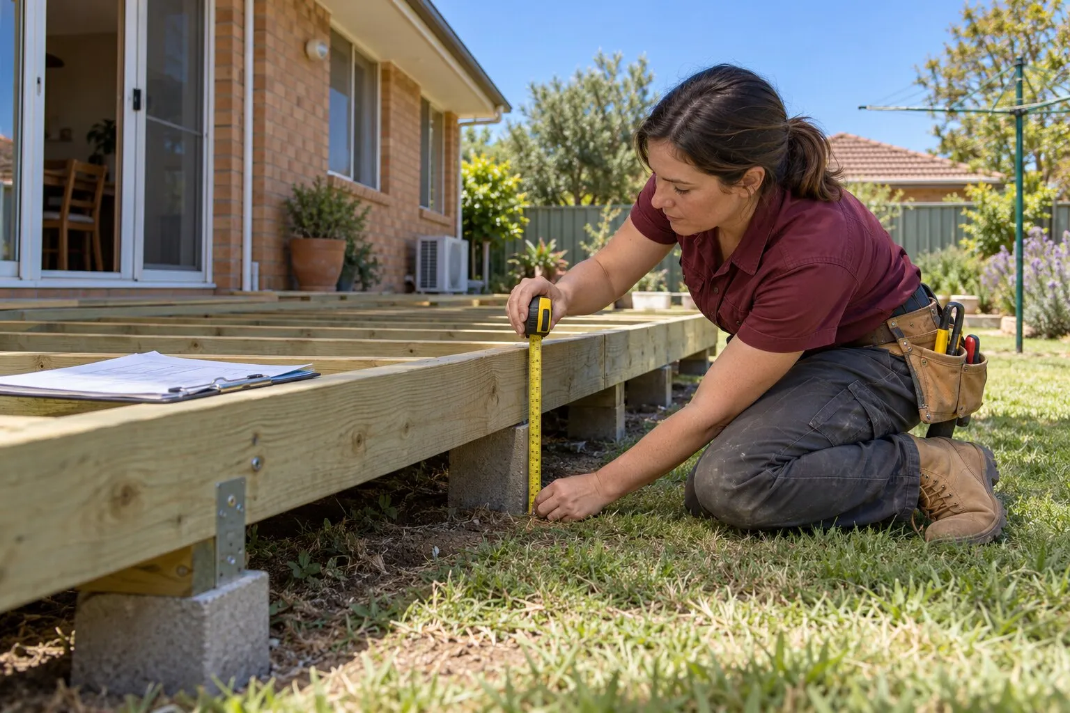 Deck approval, SA: carpenter measuring the height of a new deck frame above the lawn with a tape measure