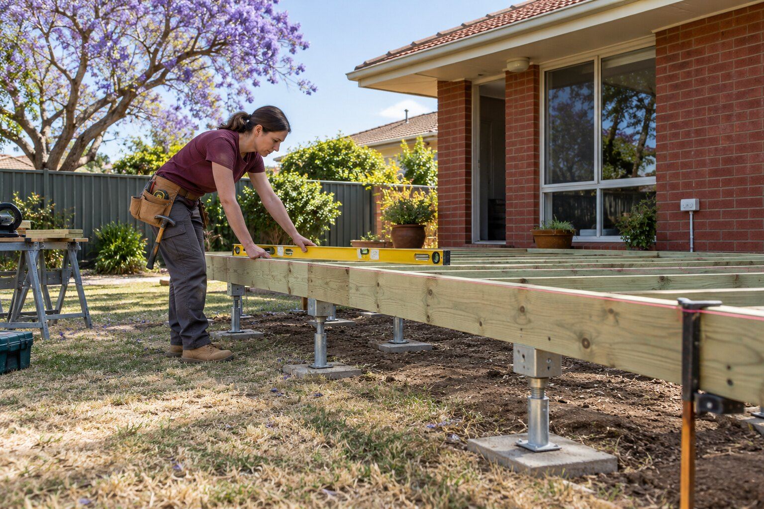 Decks, Adelaide: carpenter checking treated-pine joists with a long level on a new deck frame behind a brick home