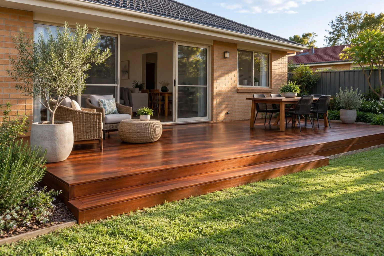 Decks, Adelaide: a finished low merbau deck with a wide step behind a brick home, freshly oiled