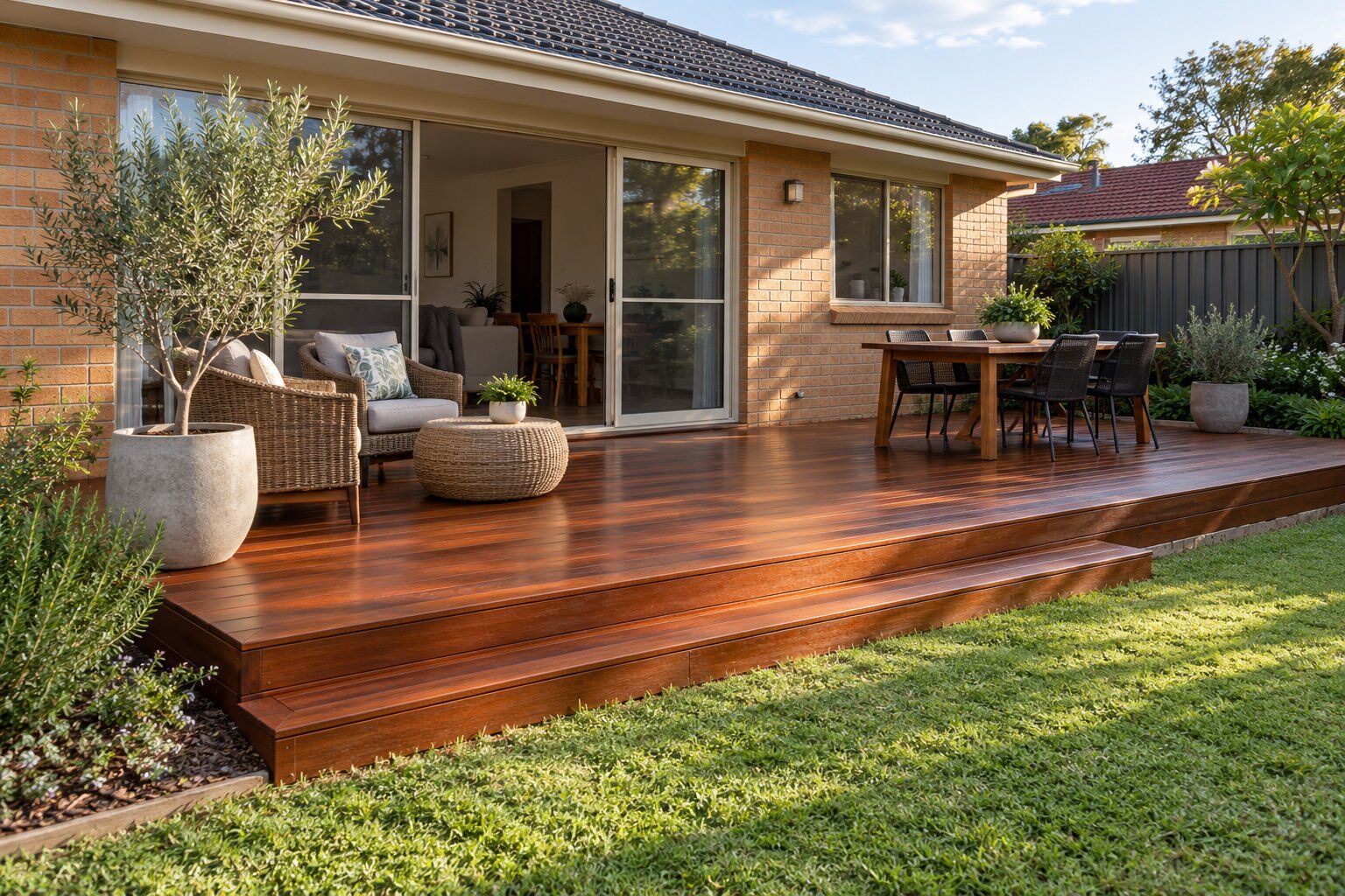 Deck cost, Adelaide: a finished low merbau deck with a full-width step behind a brick home
