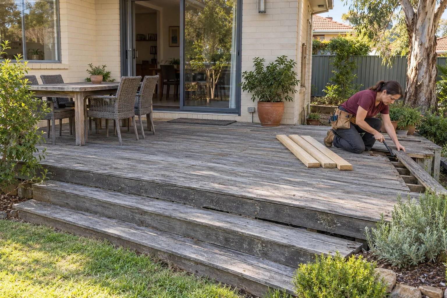 Deck repairs, Adelaide: carpenter lifting a split grey decking board on an old hardwood deck behind a cream-brick home