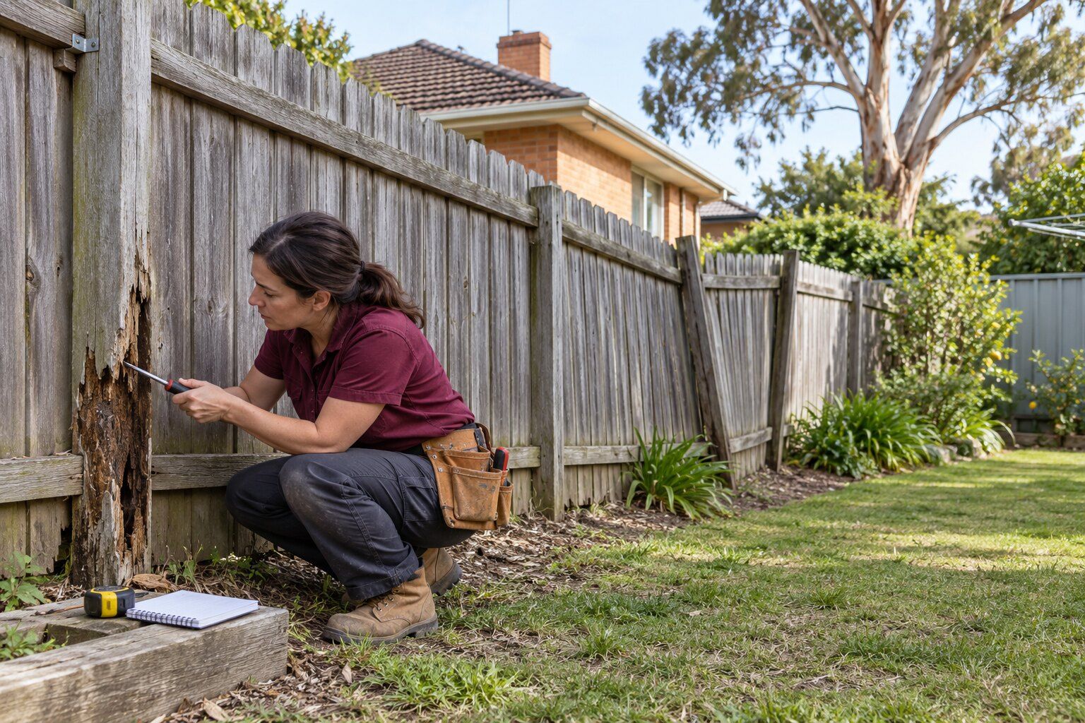 Dividing fences, Adelaide: carpenter probing a rotted post in an old grey timber paling fence between two backyards