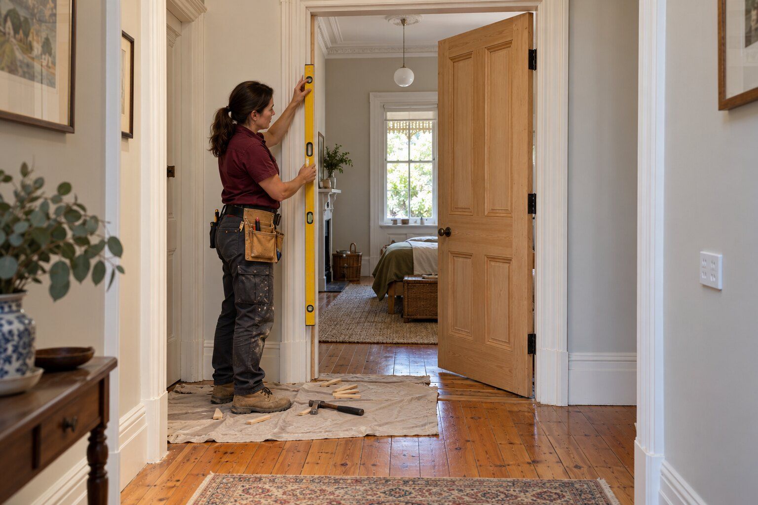 Door installation, Adelaide: carpenter checking a door jamb with a spirit level beside a new four-panel door in a villa hallway