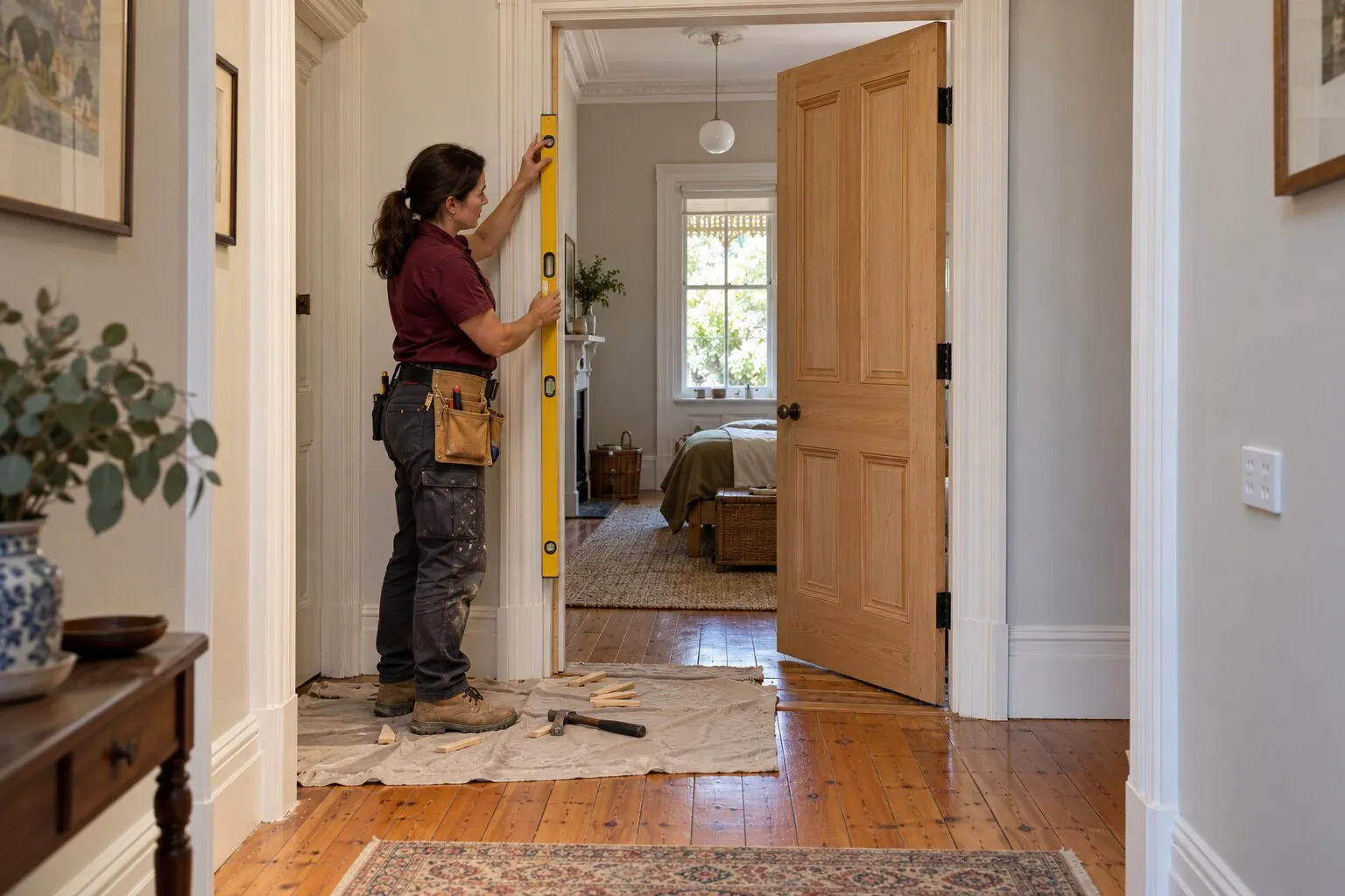 Door installation, Adelaide: carpenter checking a new four-panel door jamb with a spirit level in a villa hallway