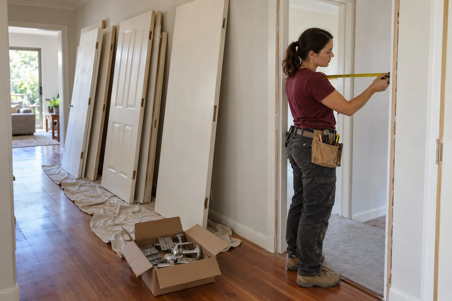 Door installation cost, Adelaide: carpenter measuring an empty door frame beside new internal doors in a hallway
