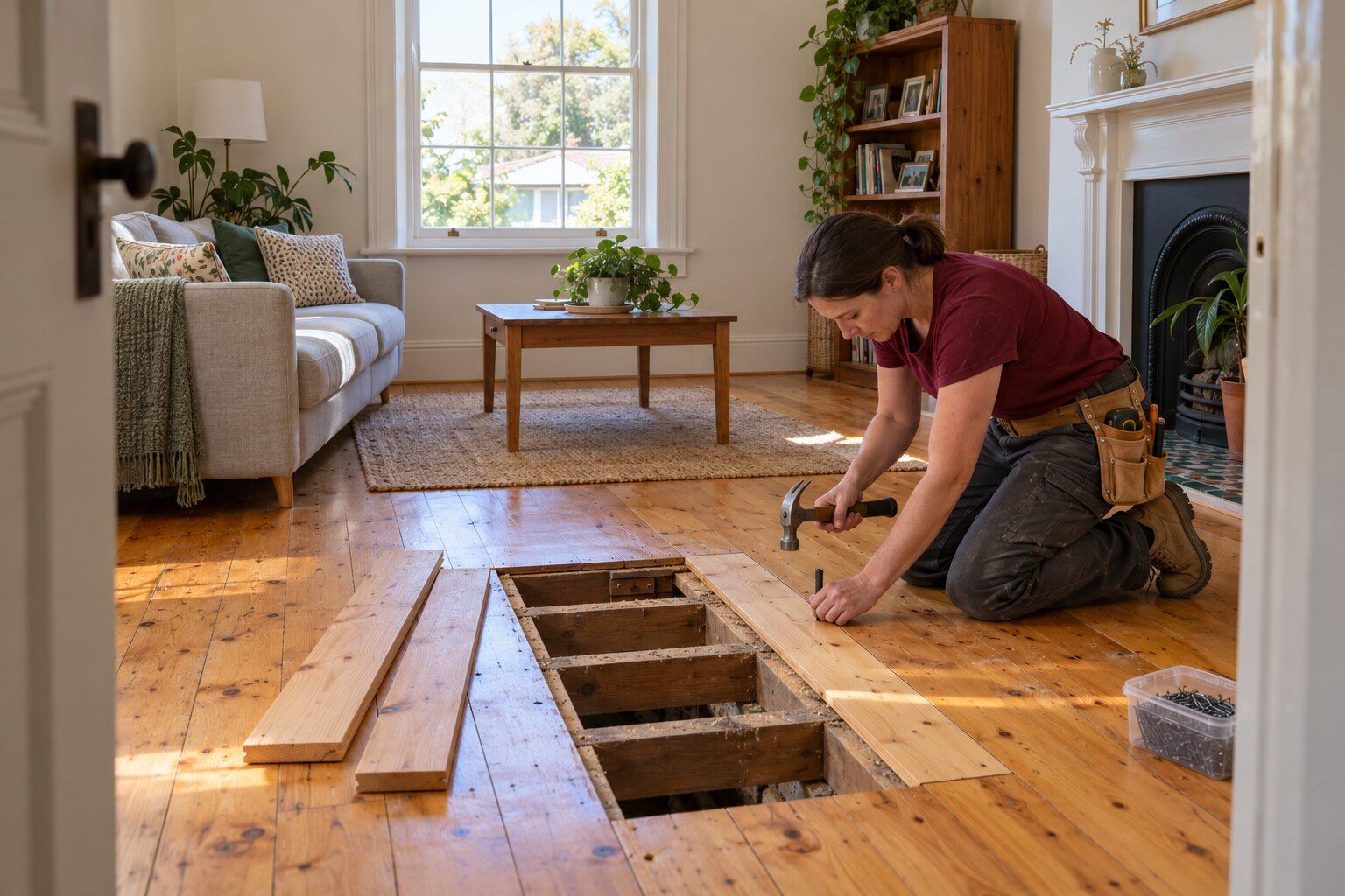 Floorboard repairs, Adelaide: carpenter fixing a new board into an opened section of a timber floor in a villa living room