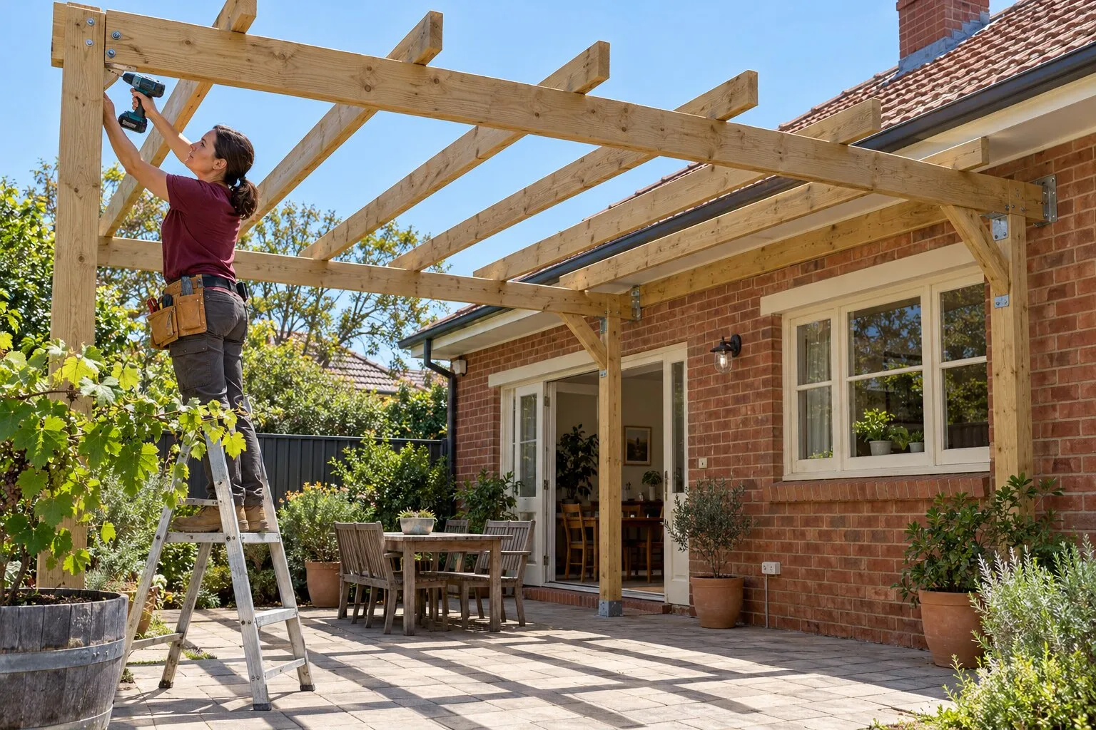 Pergola, Adelaide: carpenter fixing a rafter on a new timber pergola frame behind a 1920s brick bungalow