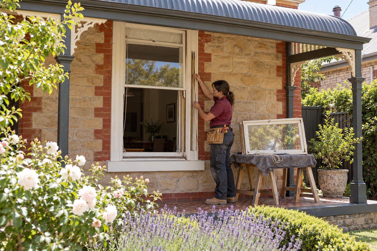 Sash window repairs, Adelaide: carpenter checking the frame of a double-hung window on a sandstone villa, a sash on trestles