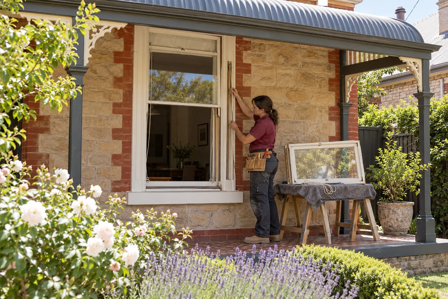 Sash window repairs, Adelaide: carpenter fitting a new sash cord to a timber window on a sandstone villa verandah