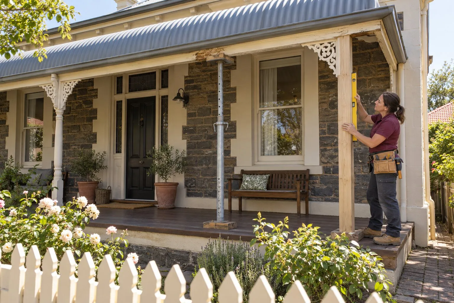 Verandah repairs, Adelaide: carpenter fitting a new timber post on the bullnose verandah of a sandstone villa